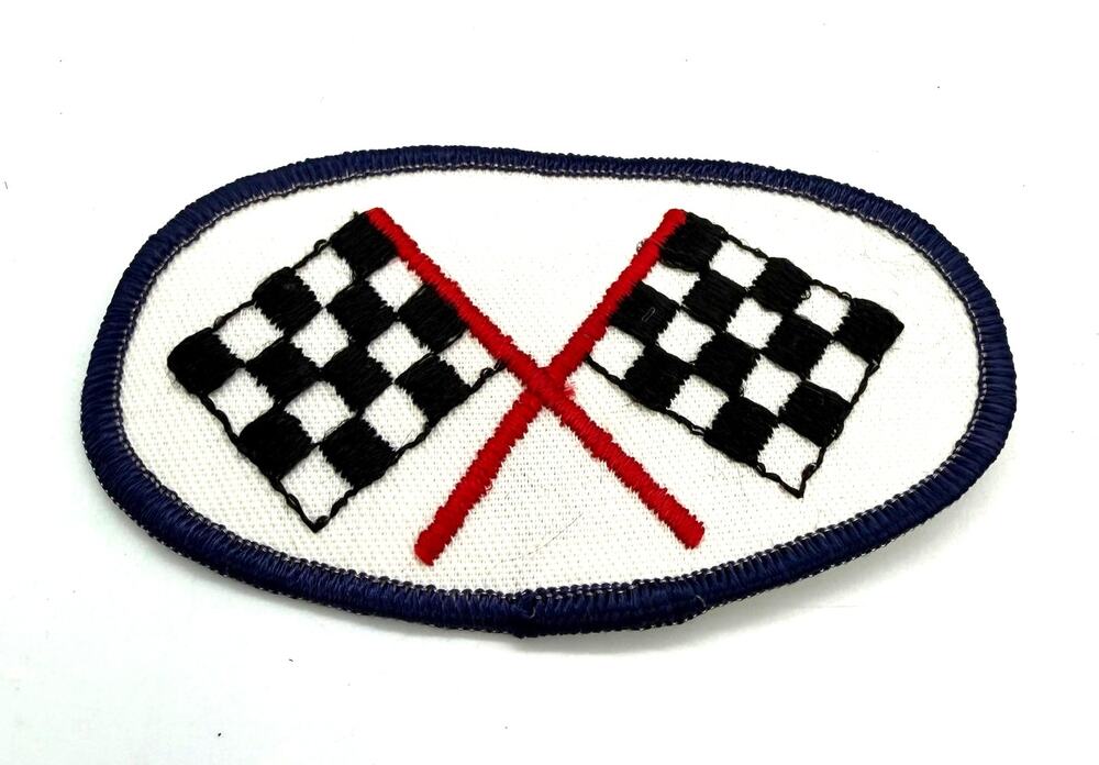 Vintage Oval Embroidered Crossed Black & White Checkered Racing Flags Patch